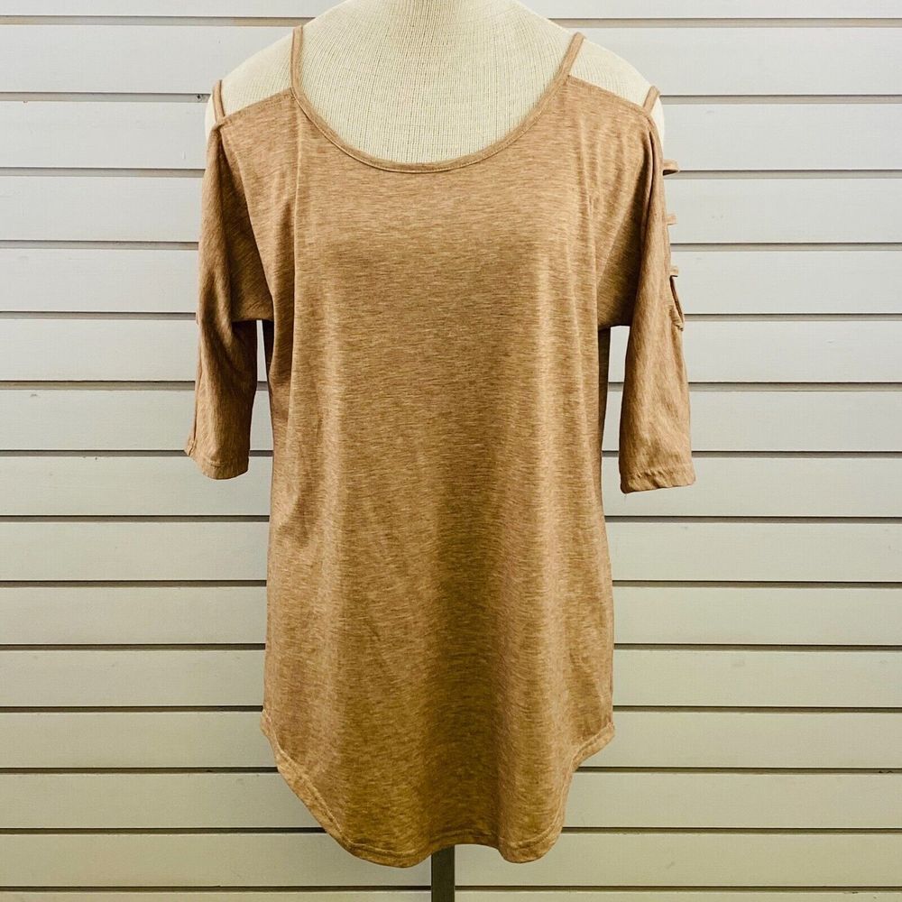 Womens XL Dreagal Shirt Light Brown Pullover Cold Shoulder Round Hem